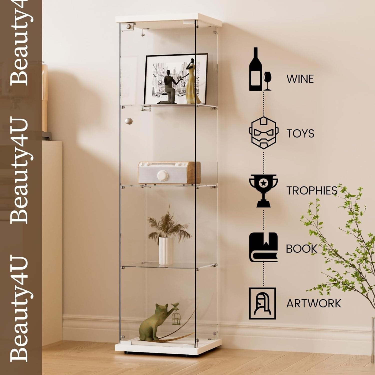 Glass Display Cabinet 64” Single Door Storage Showcase with 4 Shelves