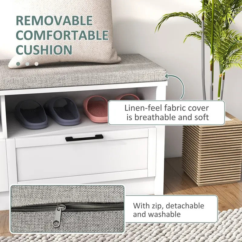 Shoe Storage Bench with Cushion Seat & Drawers – White Hallway Unit