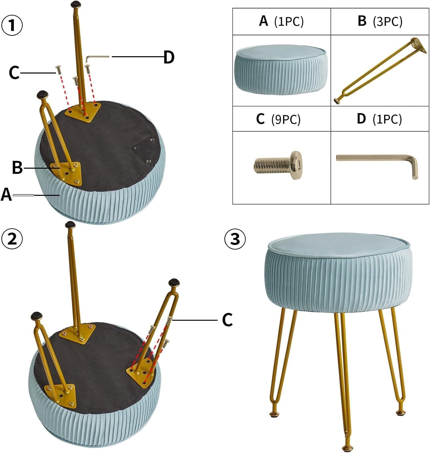 Light Blue Velvet Vanity Stool — Round Footstool with Gold Legs