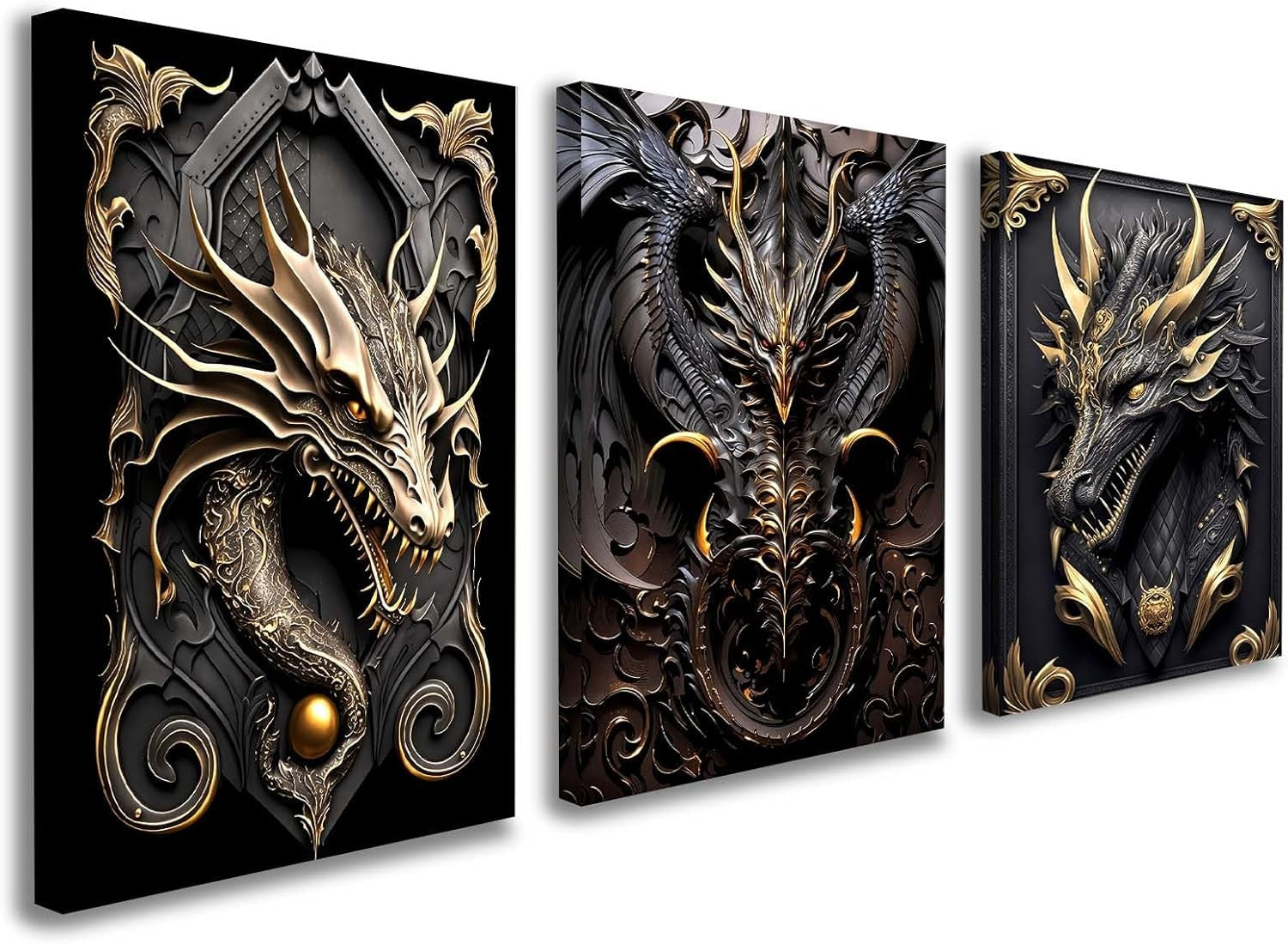 Set of 3 Dragon Canvas Wall Art 12x16 Framed Black Gold Fantasy Decor