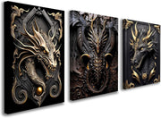 Set of 3 Dragon Canvas Wall Art 12x16 Framed Black Gold Fantasy Decor