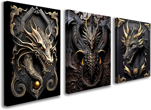 Set of 3 Dragon Canvas Wall Art 12x16 Framed Black Gold Fantasy Decor