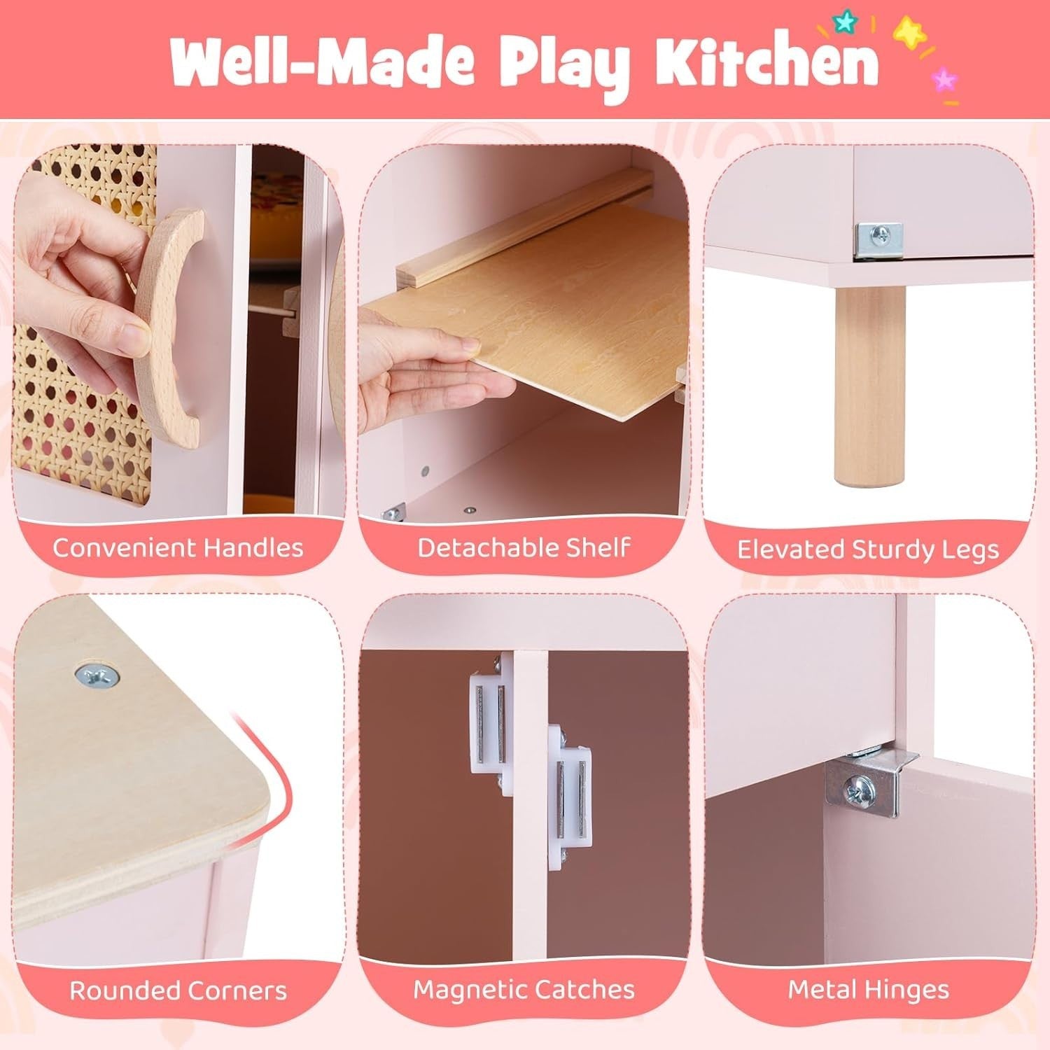 Kids Wooden Play Kitchen w/ Ice Maker Sink Pink Toy Set