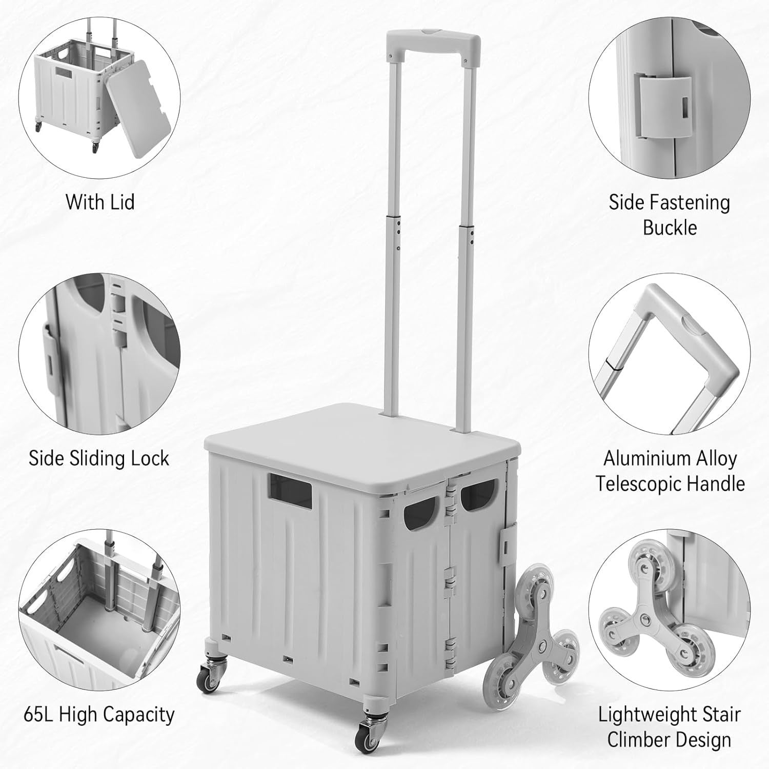 65L Stair Climber Shopping Trolley 8 Wheels Foldable Cart with Lid Grey