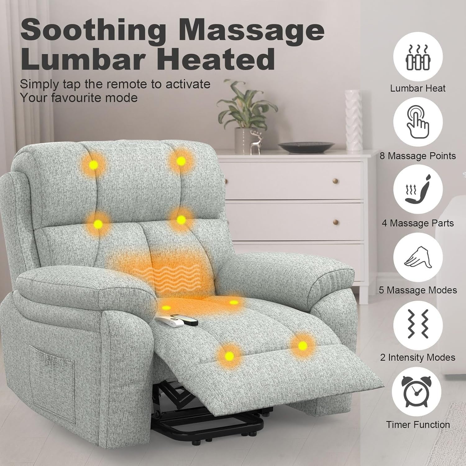 Oversize Lift Recliner Chair Massage Heat USB-C Footrest w/ Pockets Light Grey