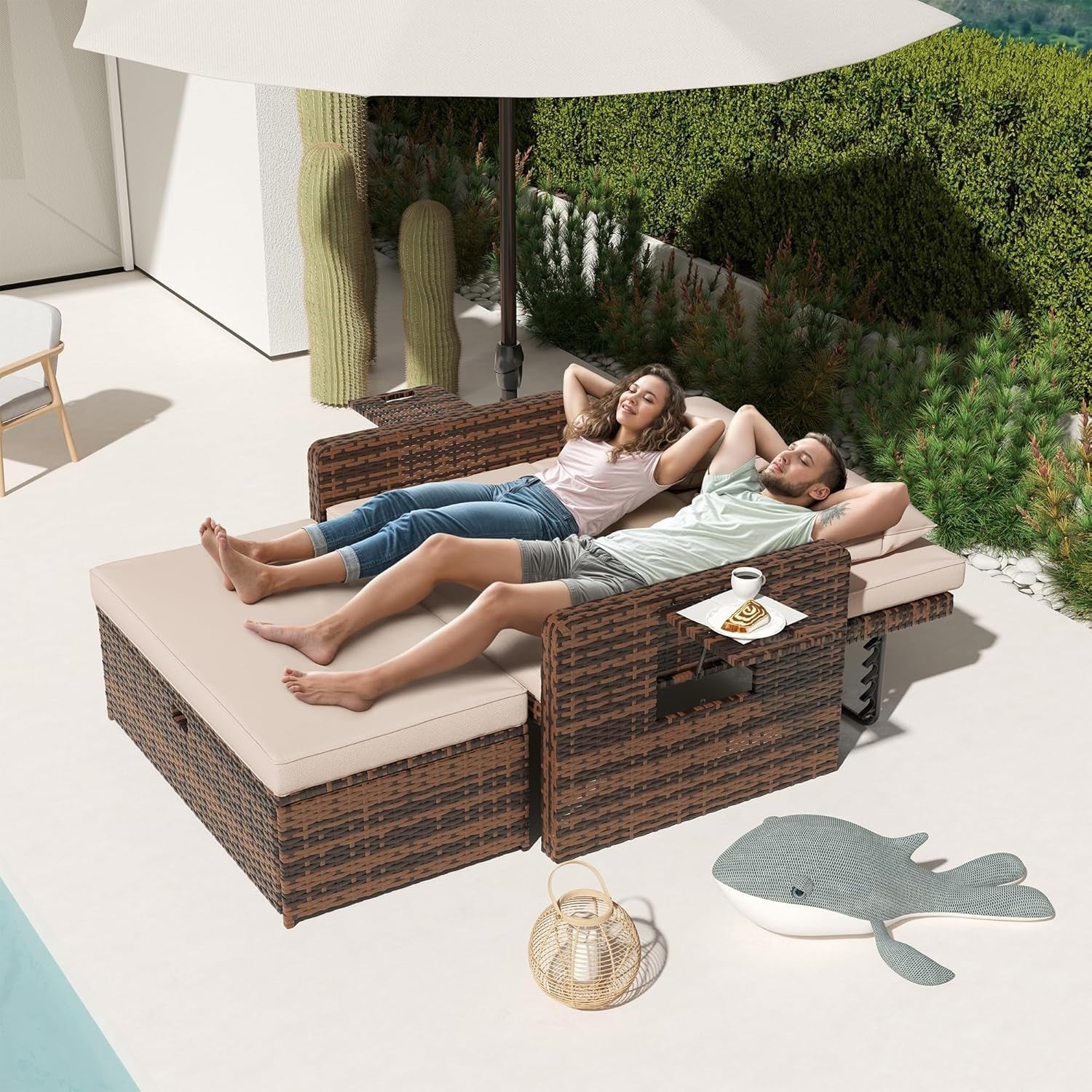 Rattan Daybed Sofa Set Storage Ottoman Cushions Tray Patio Garden Seat