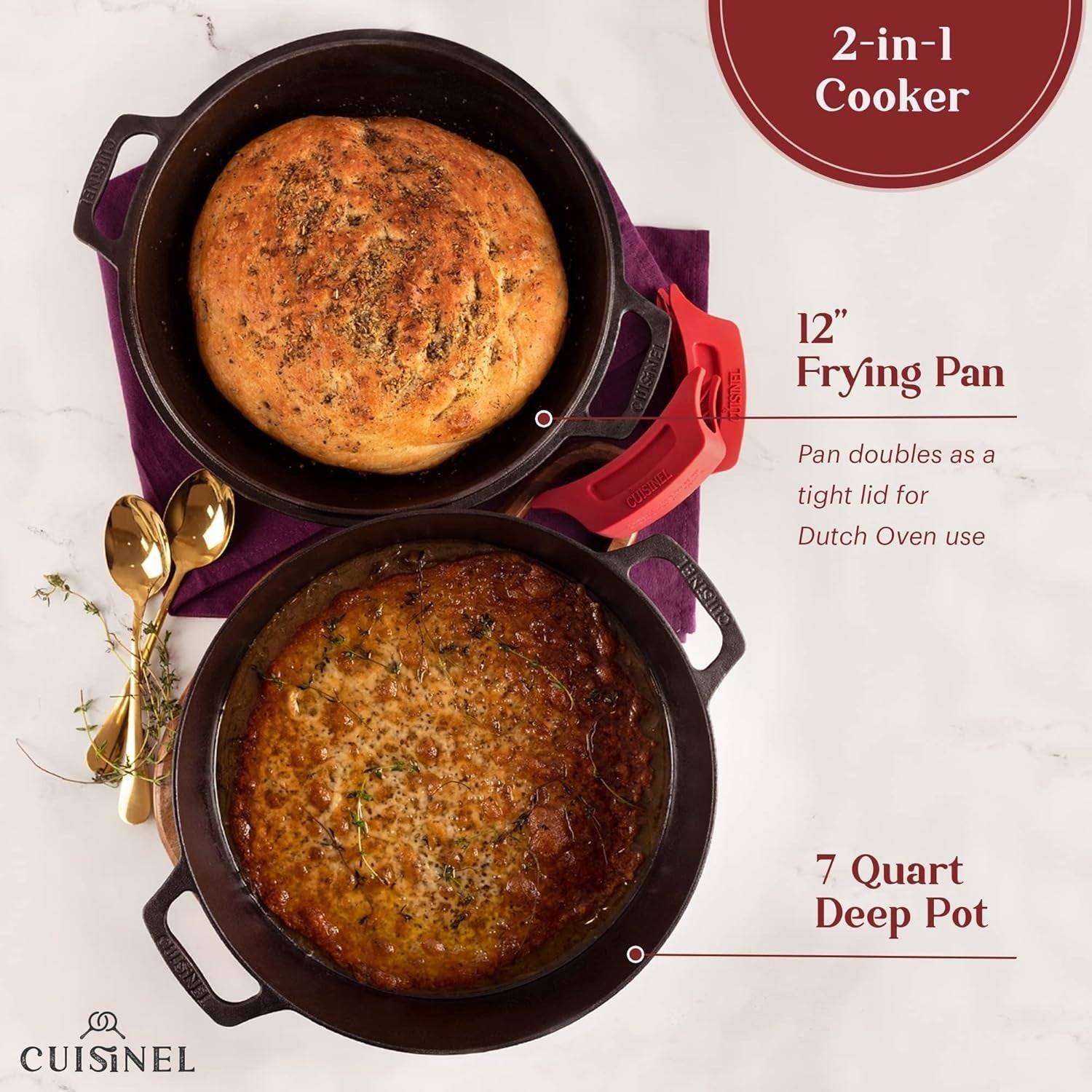 Cast Iron Dutch Oven 7Qt Deep Pot 2 in 1 Combo Cooker Skillet