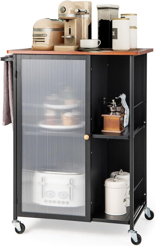 Kitchen Trolley on Wheels Storage Cabinet Wooden Top Shelves Door