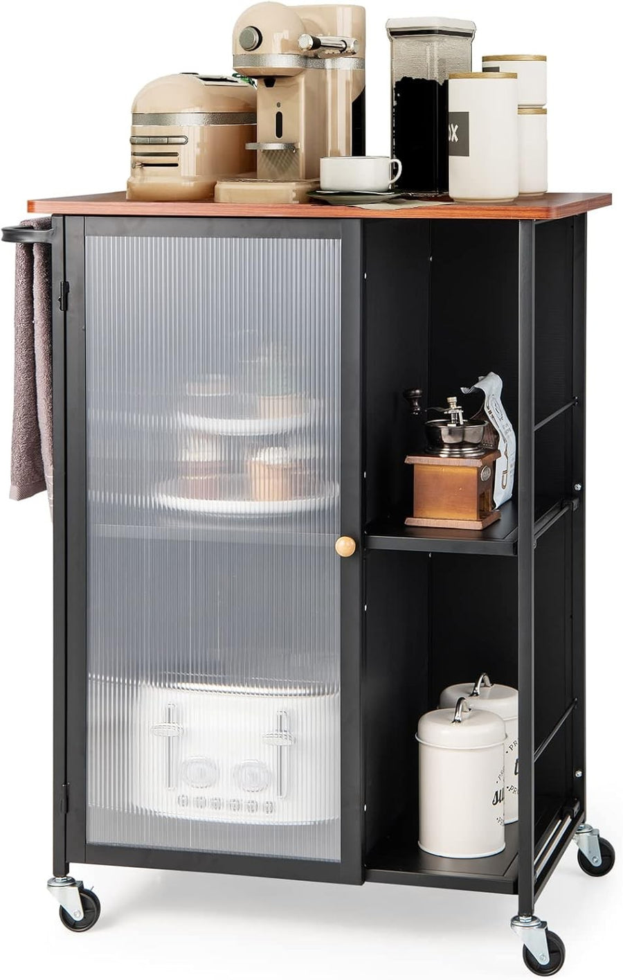 Kitchen Trolley on Wheels Storage Cabinet Wooden Top Shelves Door