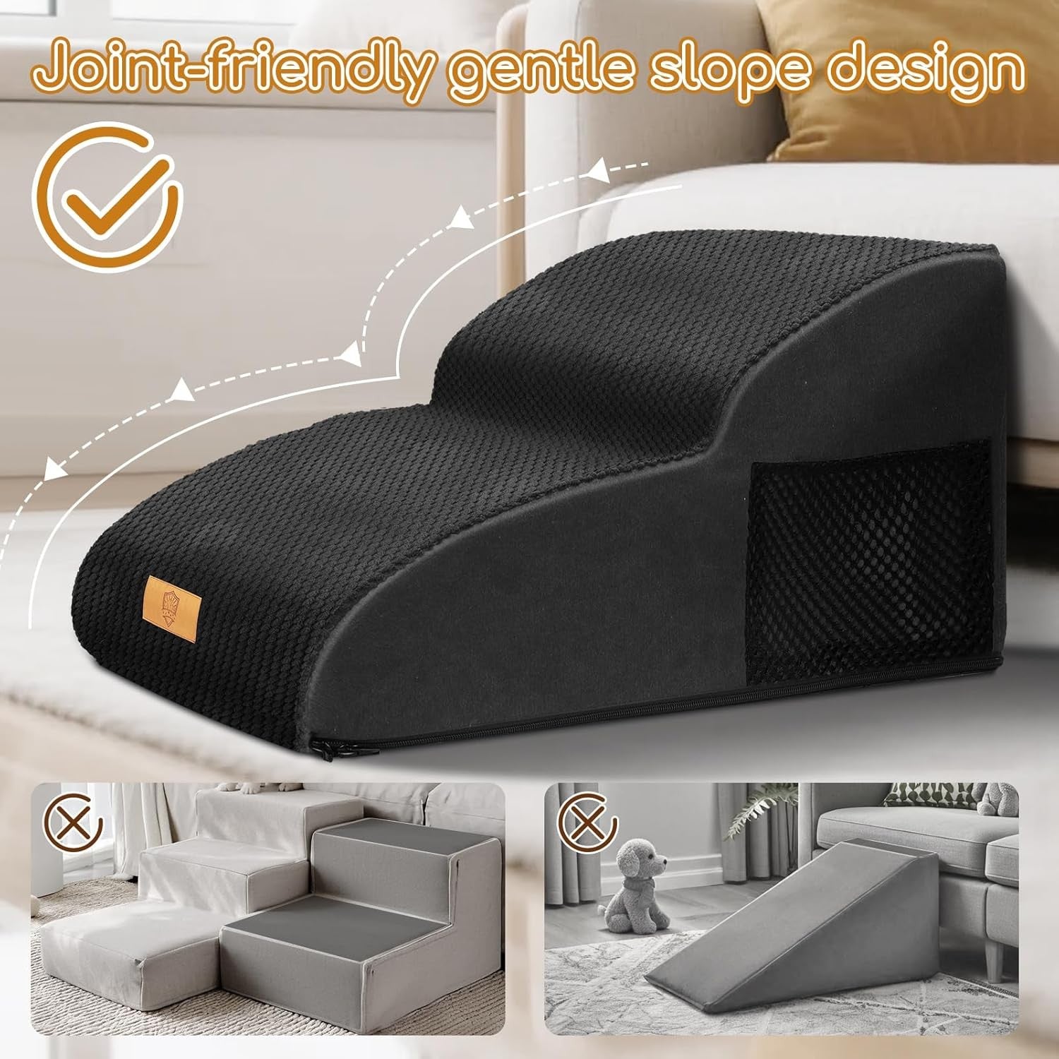 Black 2 Step Dog Stairs Non Slip Foam Pet Ramp 55x40x30cm