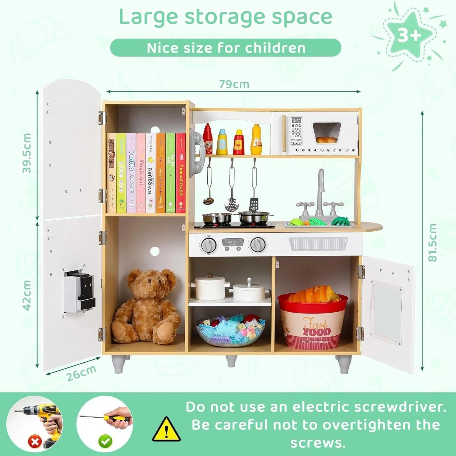 Kids Wooden Play Kitchen w/ Lights Sounds Ice Cream Maker