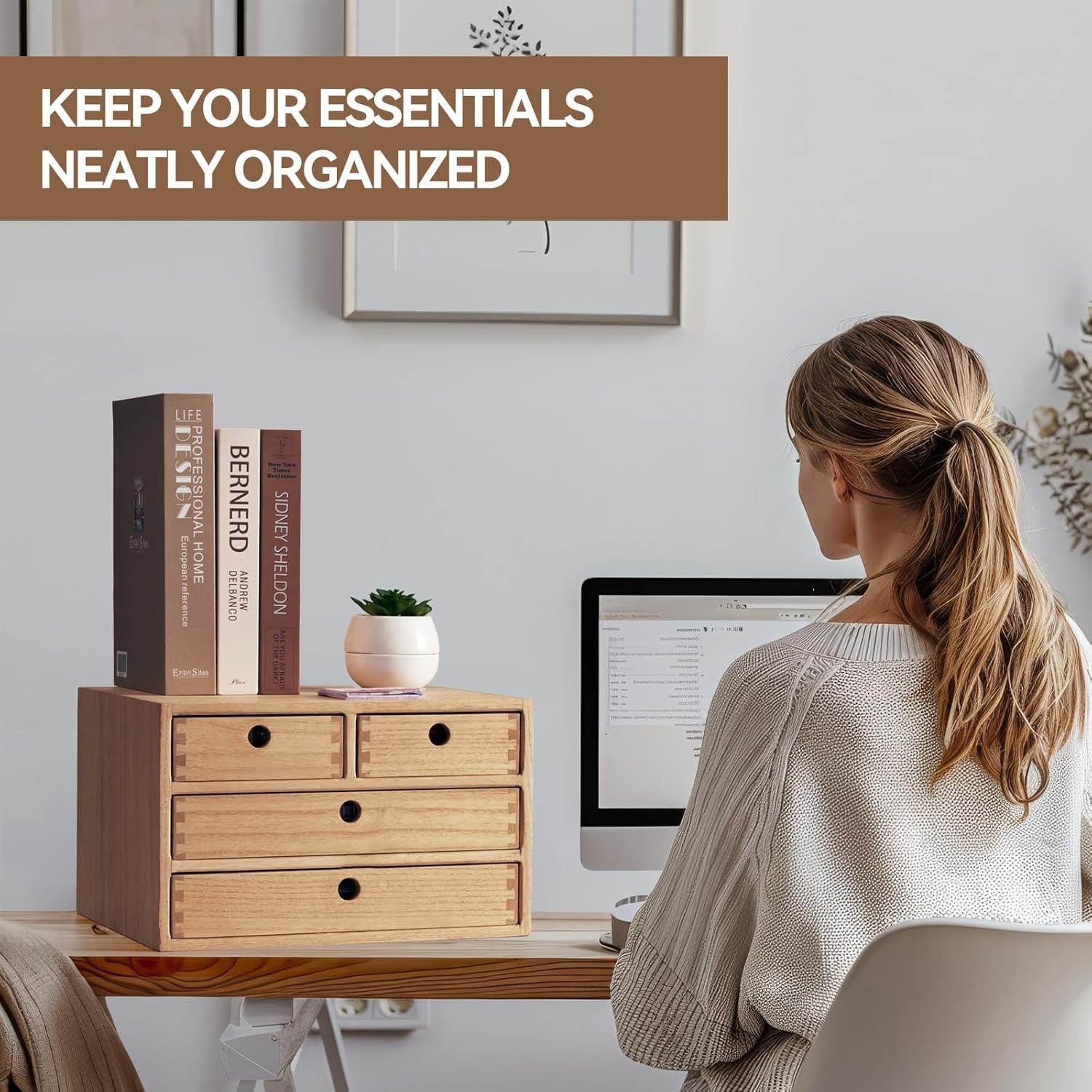 Natural Wood Desktop Organizer 4 Drawer 35cm Filing Makeup Storage
