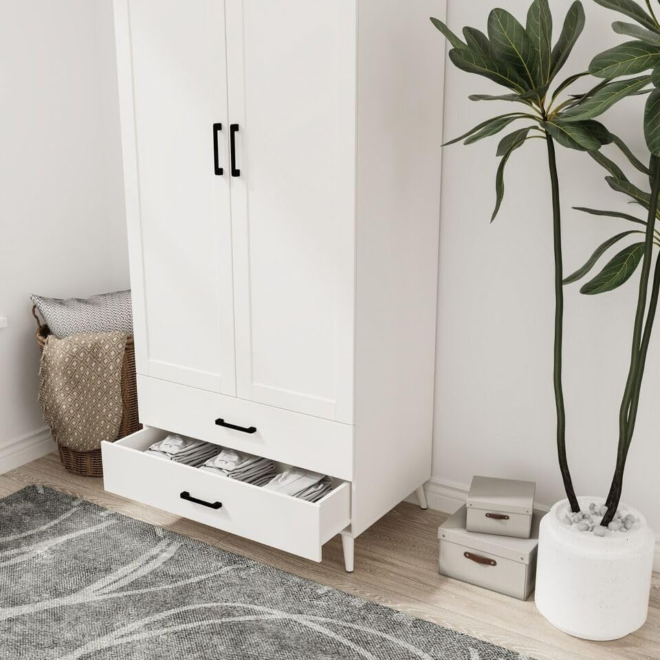 Modern White Wardrobe 2 Doors 2 Drawers Bedroom Clothes Storage Unit