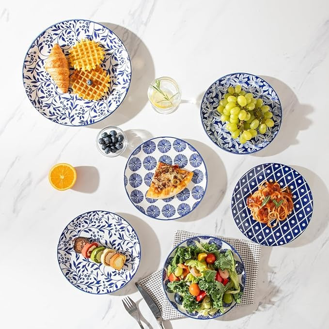 6pc Blue Pattern Porcelain Plates Set 8 Inch Dessert Salad Microwave Safe