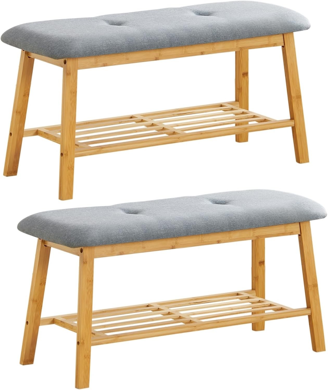 2-Tier Bamboo Shoe Rack Bench with Linen Padded Seat & Storage Grey