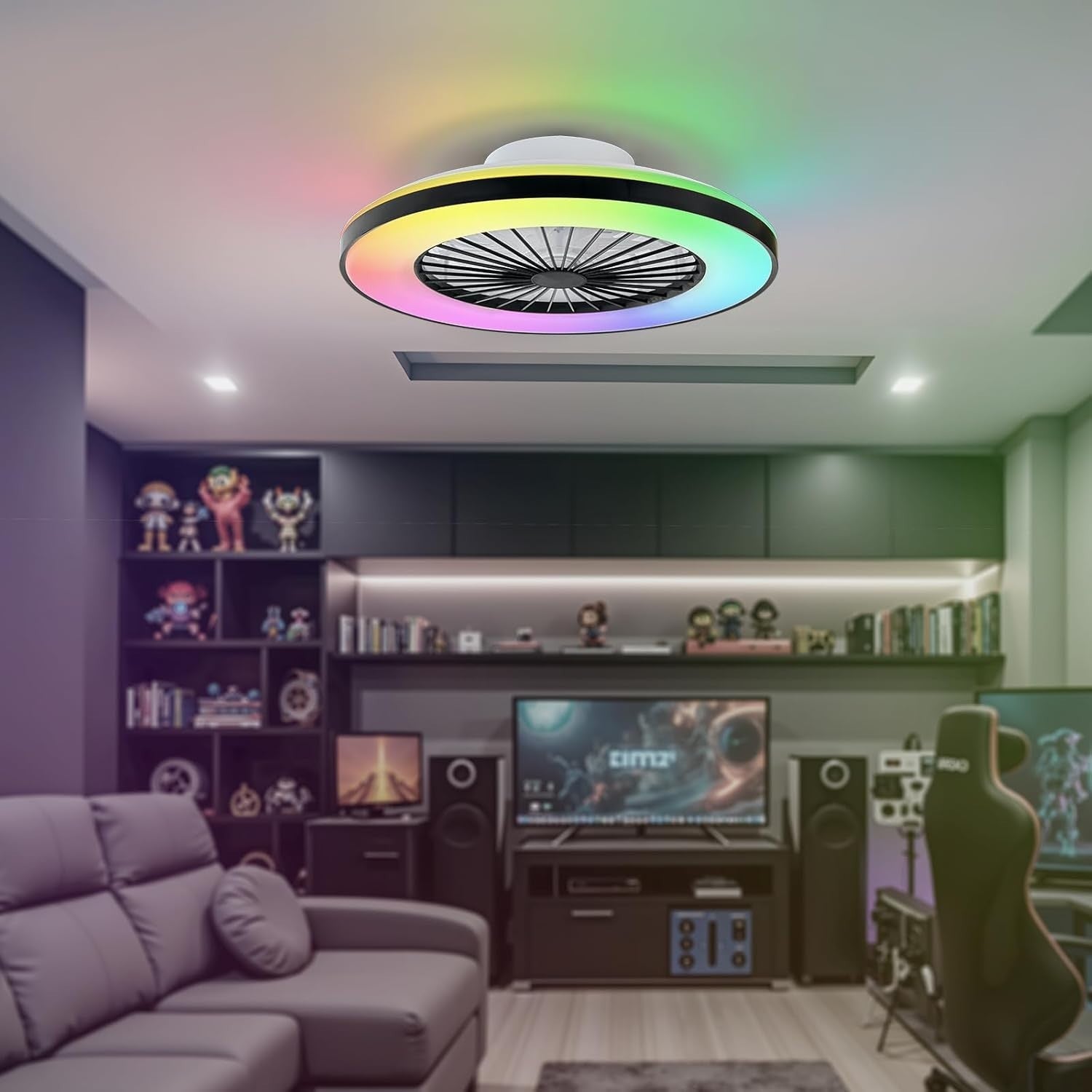 50CM LED Ceiling Fan Light, RGB, 6 Speeds, Dimmable, Remote, Black