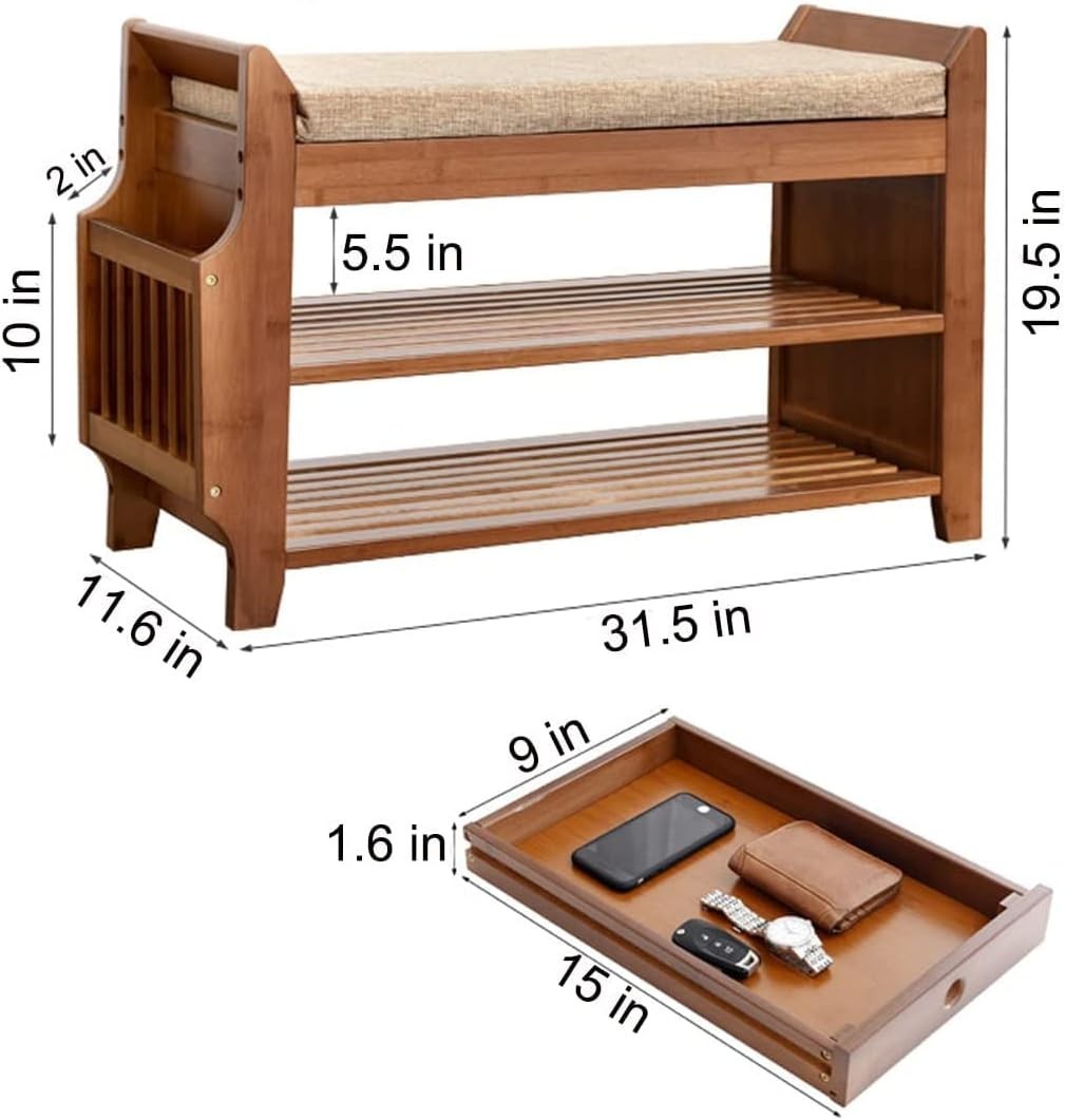 2 Tier Bamboo Shoe Bench with Cushion Hidden Drawer Entryway Storage Seat