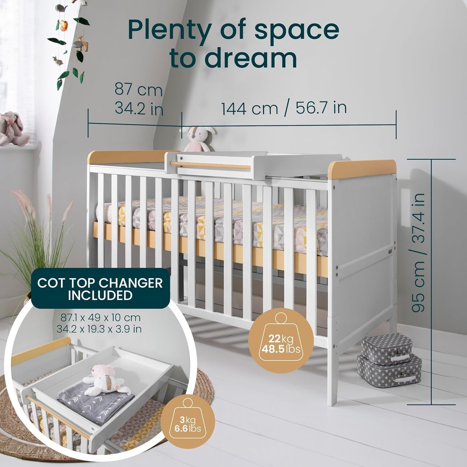 3in1 Mini Cot Bed with Drawer Toddler Sofa Adjustable Height Wooden Frame Dove