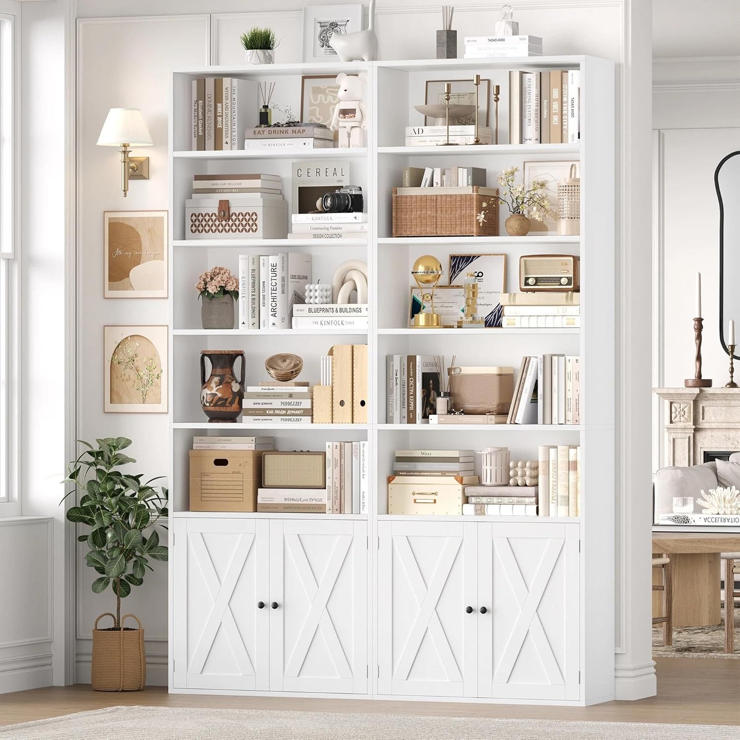 Tall White 7-Tier Bookcase with Doors Modern Storage Cabinet Adjustable Shelves