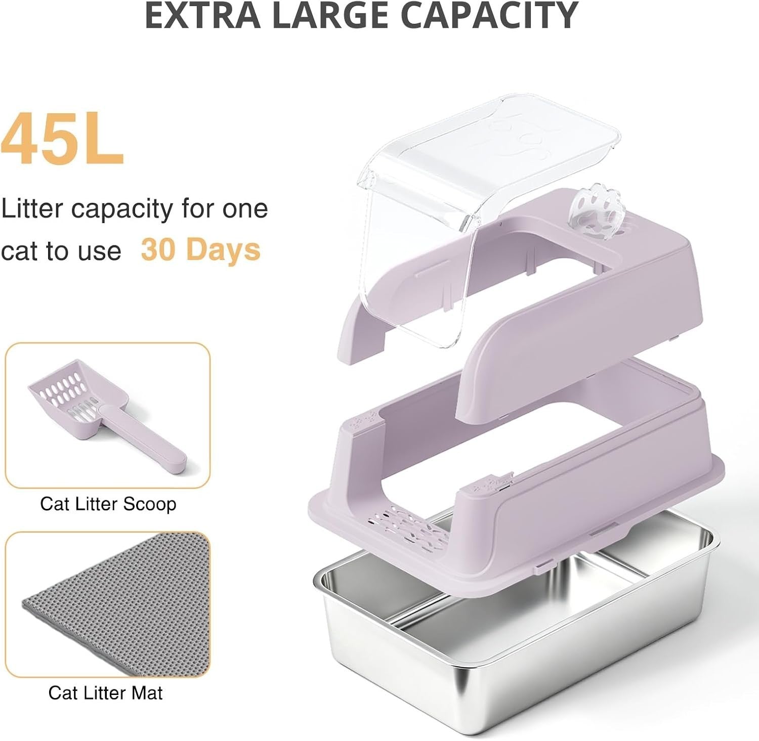 XL Stainless Steel Cat Litter Box Clear Lid High Sided Pink Tray