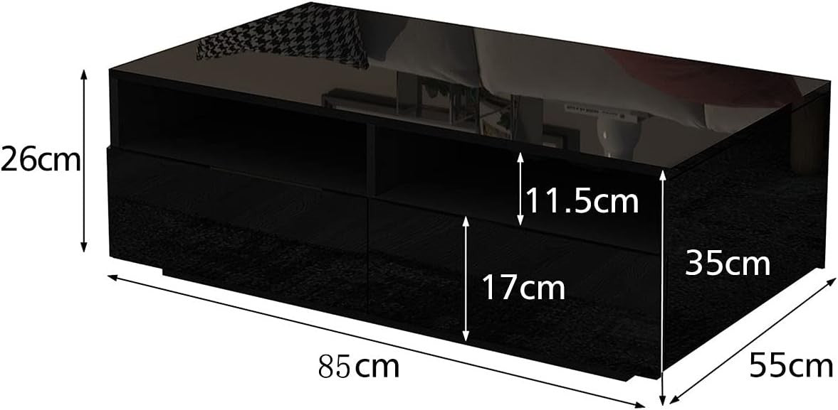 Black Gloss Coffee Table with 4 Drawers Storage Modern 85x55x35cm