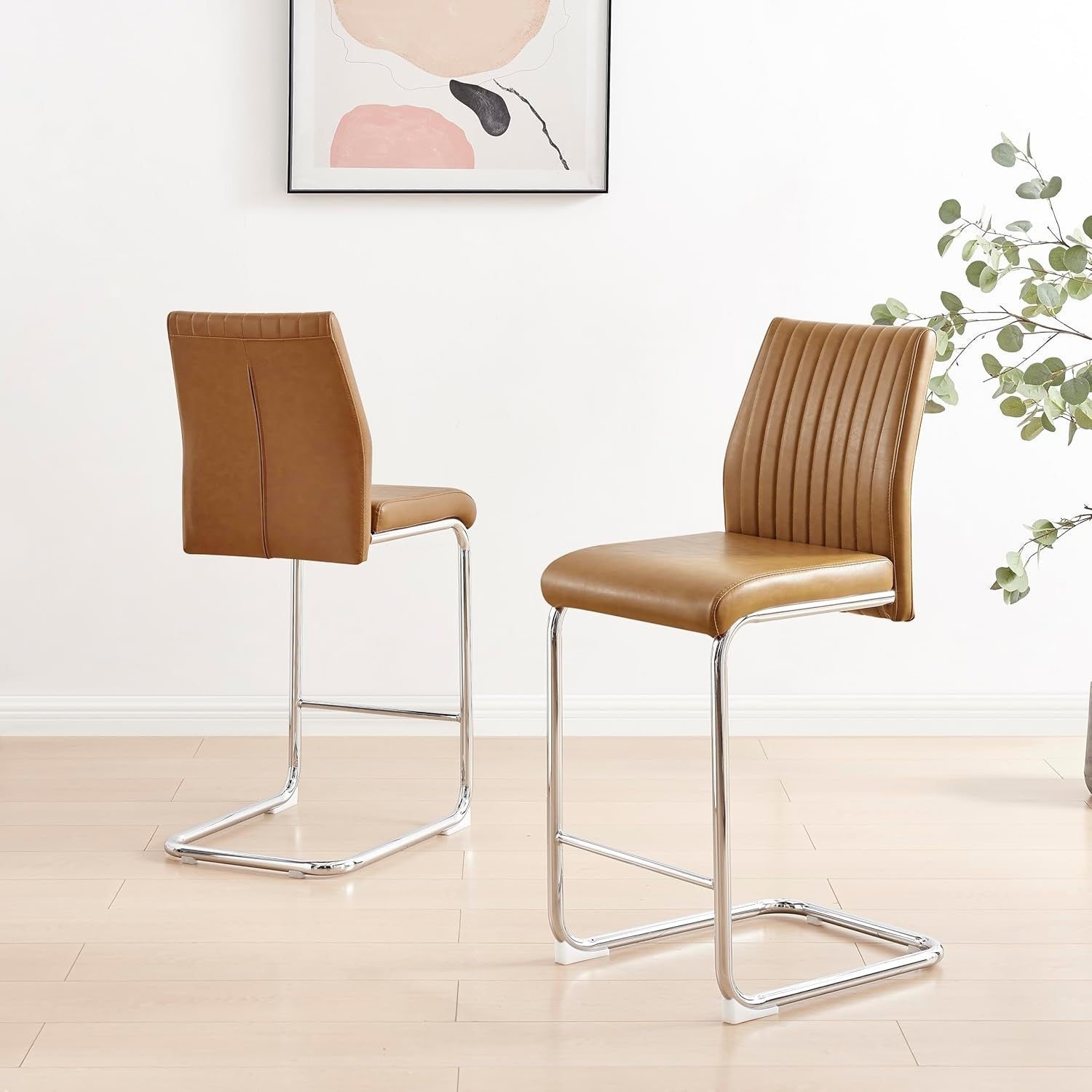 Modern Tan Bar Stools Set of 2 – Faux Leather Cantilever Chairs