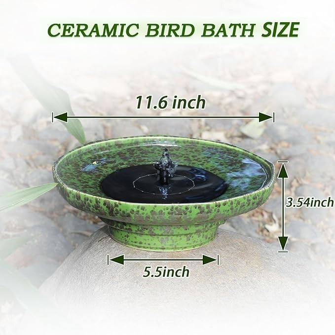 Solar Ceramic Bird Bath Fountain – Outdoor Garden Water Feature Green