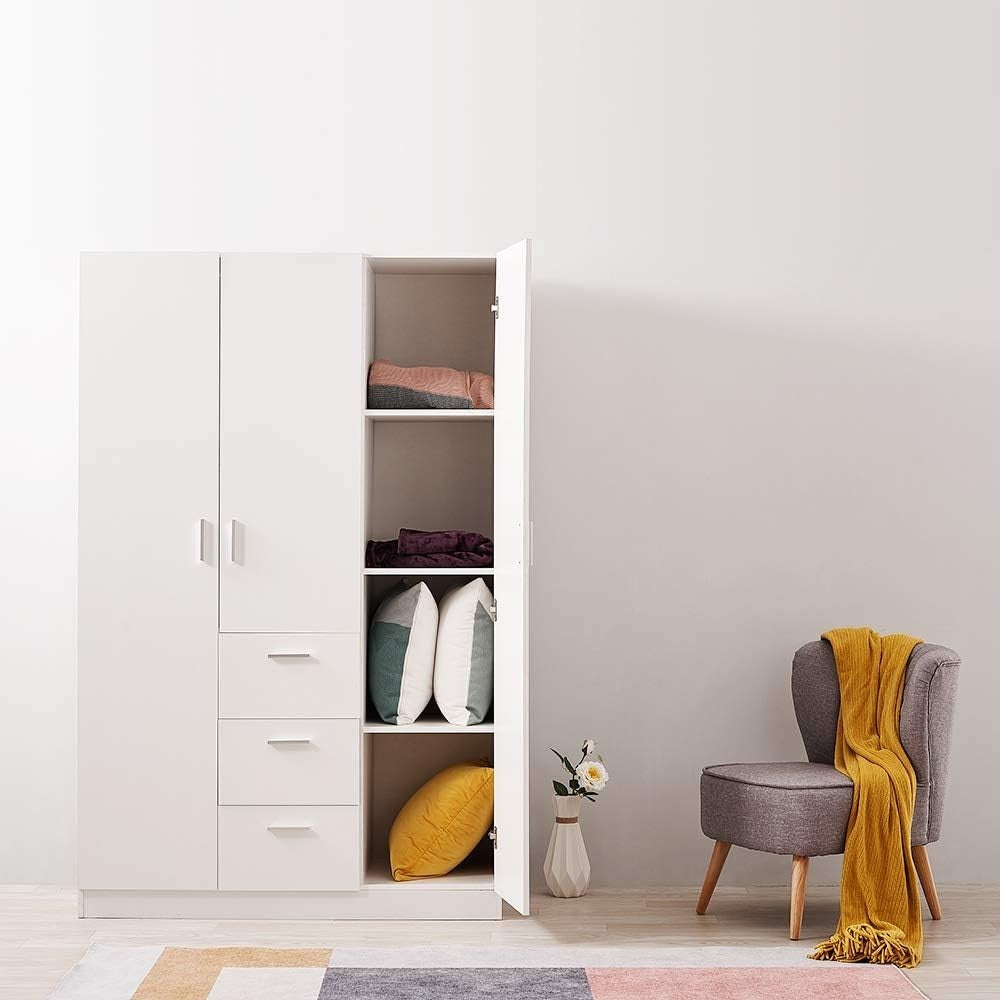 White 3 Door Wardrobe with 3 Drawers Solid Pine Wood Bedroom Storage