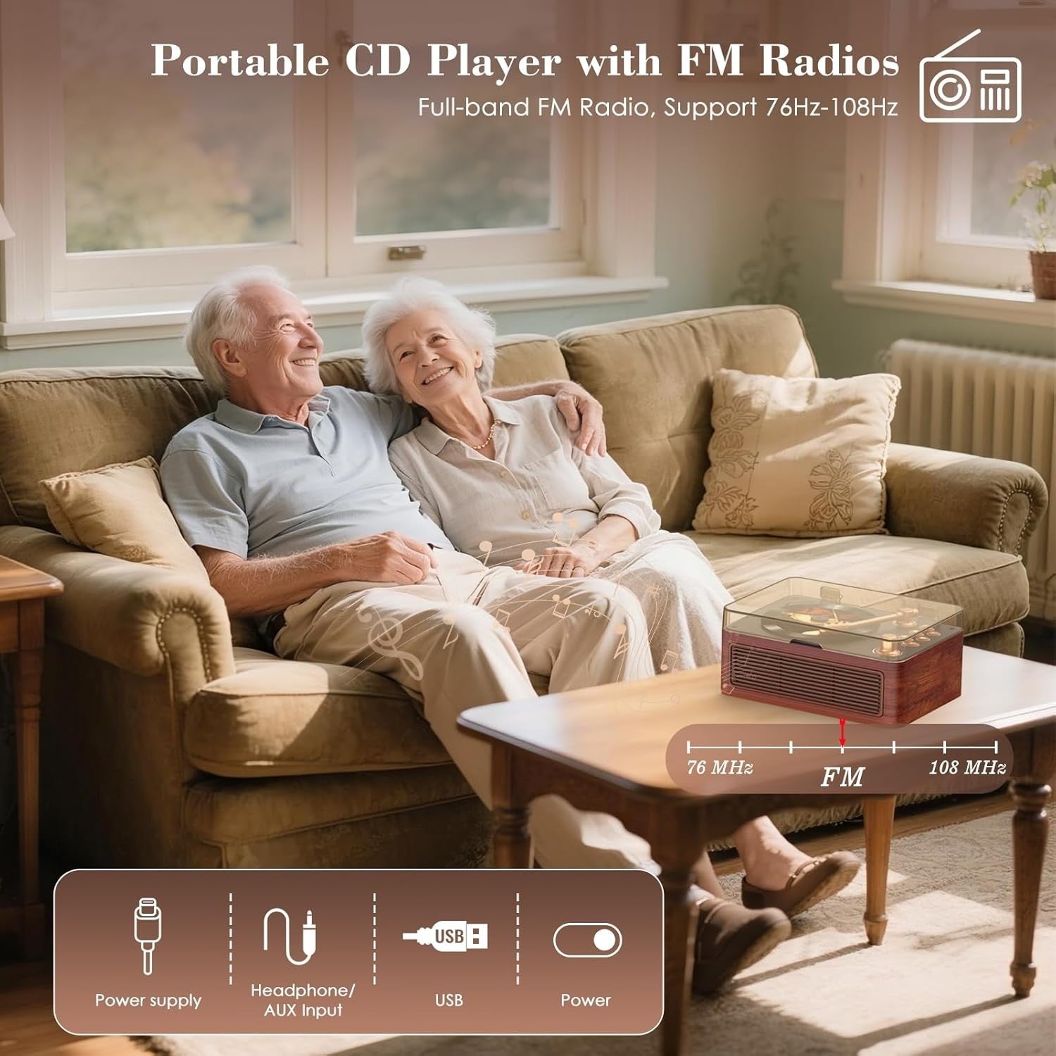 Retro Bluetooth CD Player FM Radio USB AUX HiFi Speakers Walnut