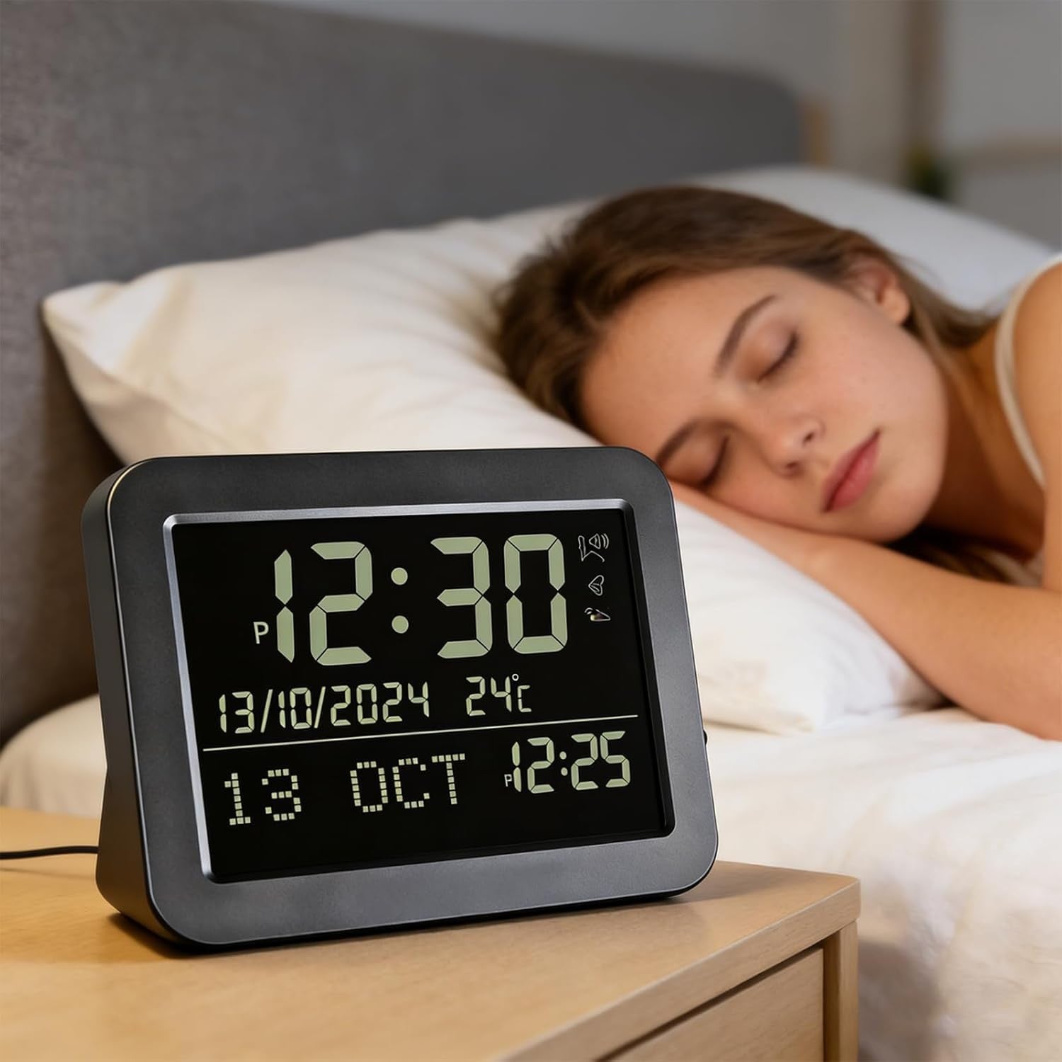 Gold Metal LCD Alarm Clock Large Display Date Temp Backlit Bedside