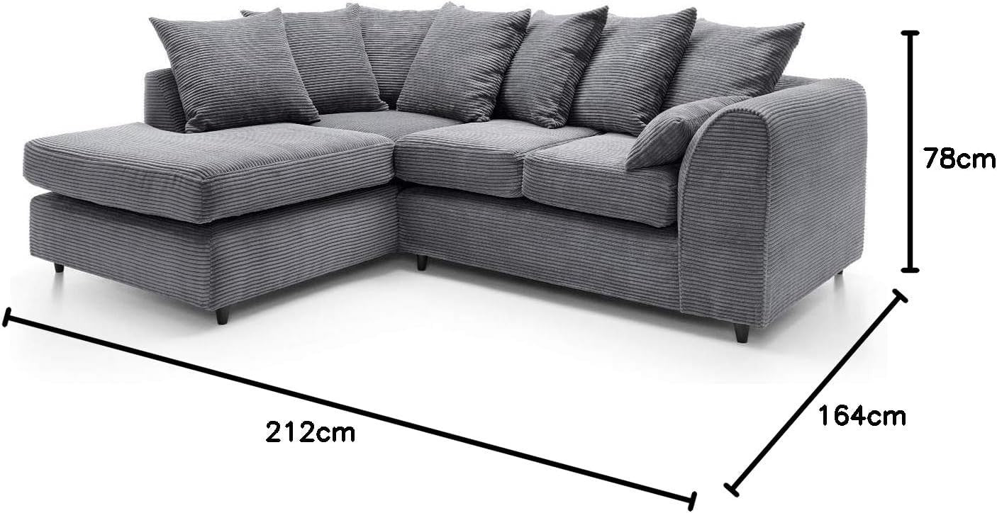 Grey Jumbo Cord Corner Sofa | L Shape Chaise | Deep Cushions | 4 Seater