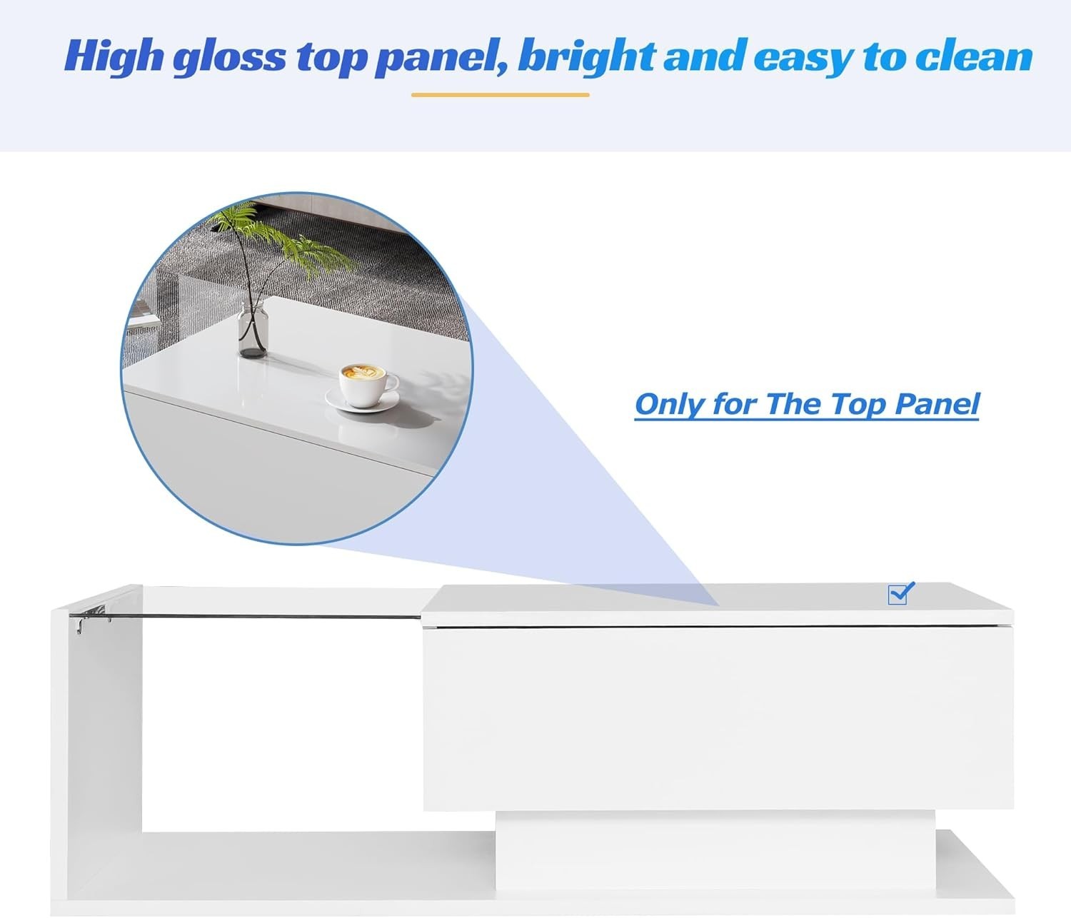 LED High Gloss Coffee Table with Drawer & Storage, Modern Glass Center Table