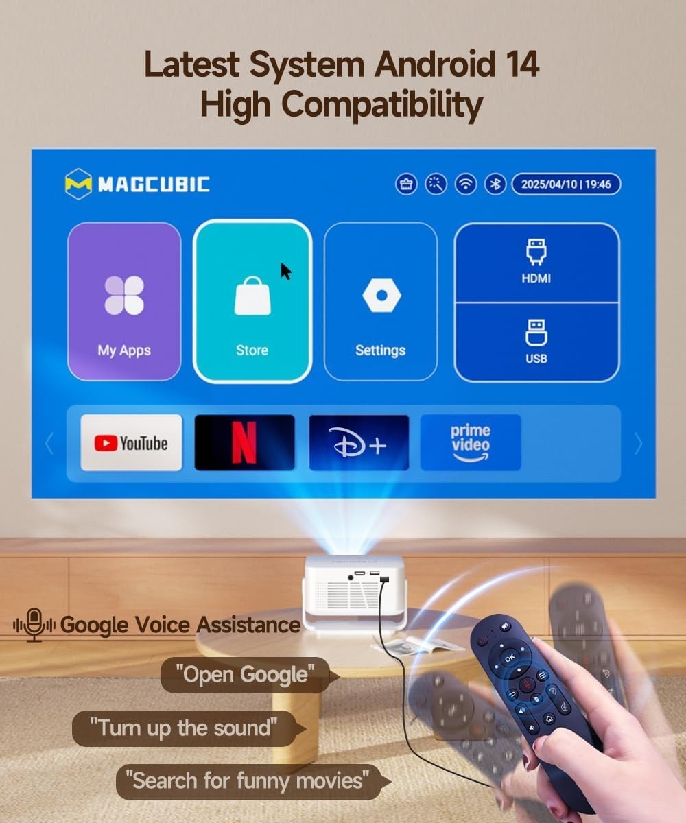 Android 14 WiFi 6 Smart Mini Projector 4K Support Auto Focus Portable