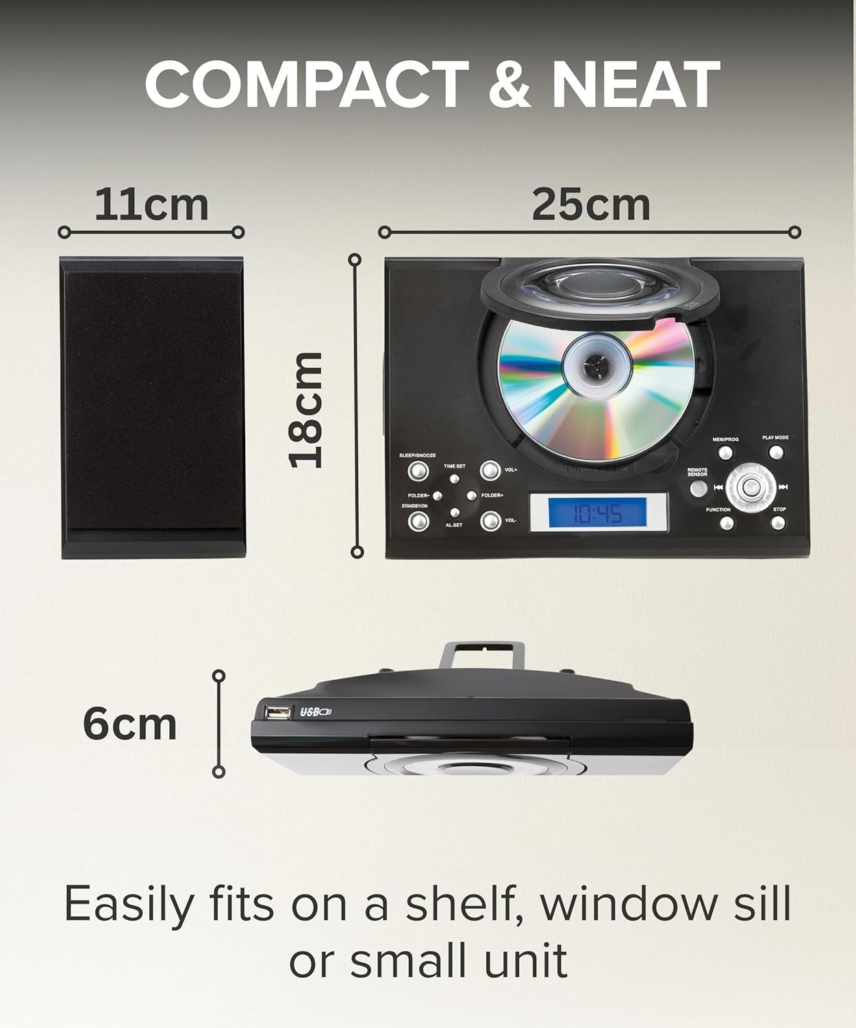 HiFi CD Player Speakers FM Radio USB AUX Alarm Clock Remote Black