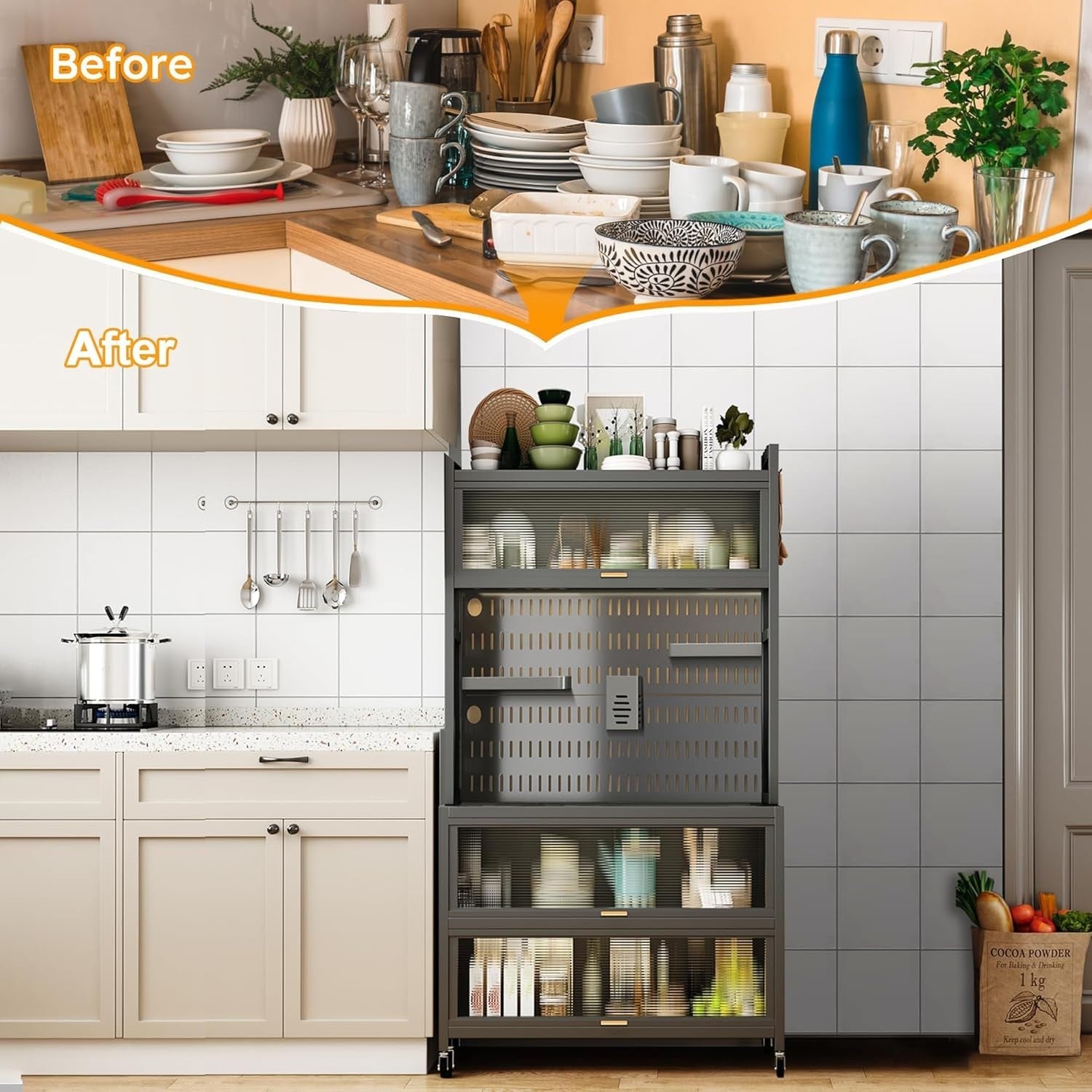 80x36x162cm 5-Tier Black Kitchen Storage Cabinet with Flip Door & Wheels