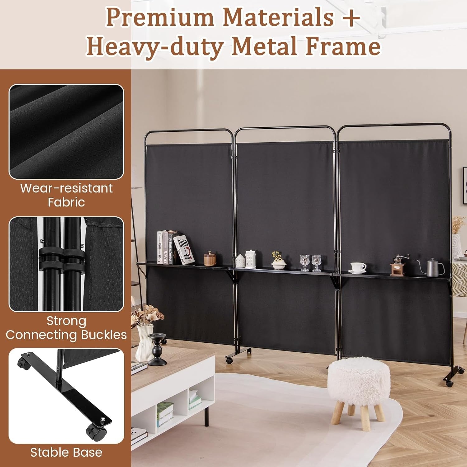 3 Panel Black Folding Room Divider with Shelves & Wheels Privacy Screen 188cm