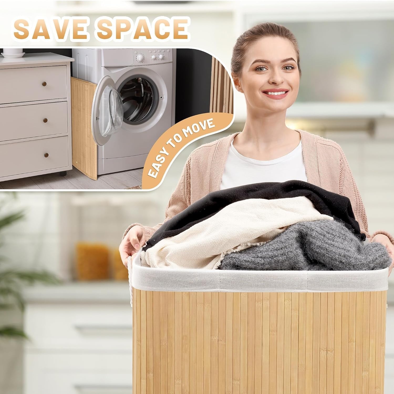 72L Slim Bamboo Laundry Hamper with Lid Foldable Clothes Basket Beige