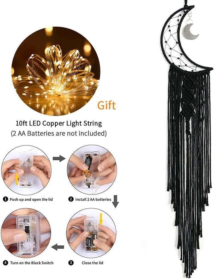 Boho Moon Macrame Wall Hanging 32” Cotton Cord + DIY String Lights