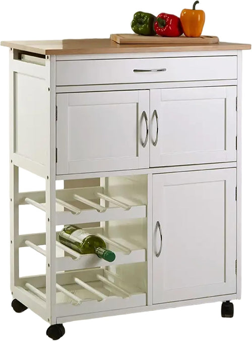 Kitchen Island Trolley on Wheels Bamboo Top Storage Cabinet Drawer Wine Rack