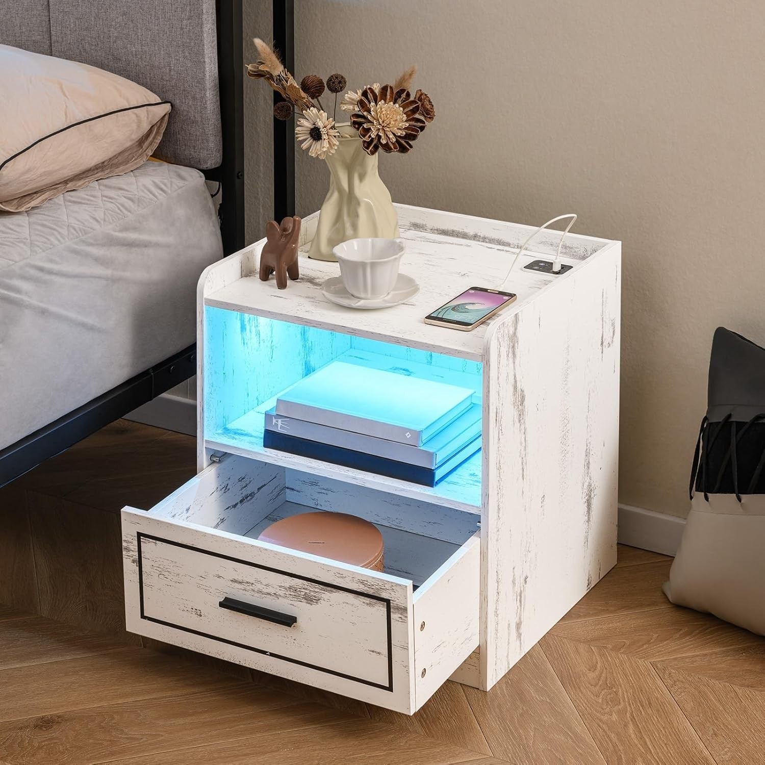 Set of 2 LED Bedside Tables with USB Charging Station & Storage | Modern