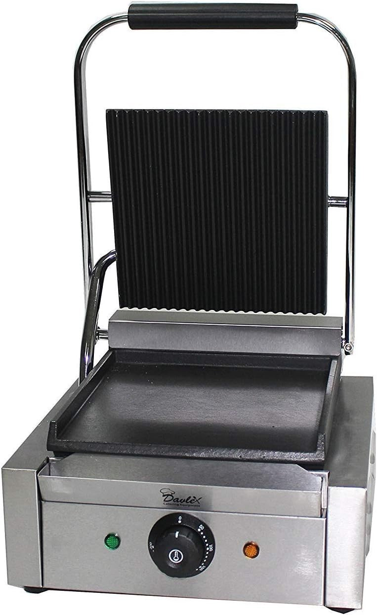 Commercial Panini Press Grill 1.8KW Stainless Steel Ribbed Contact Grill