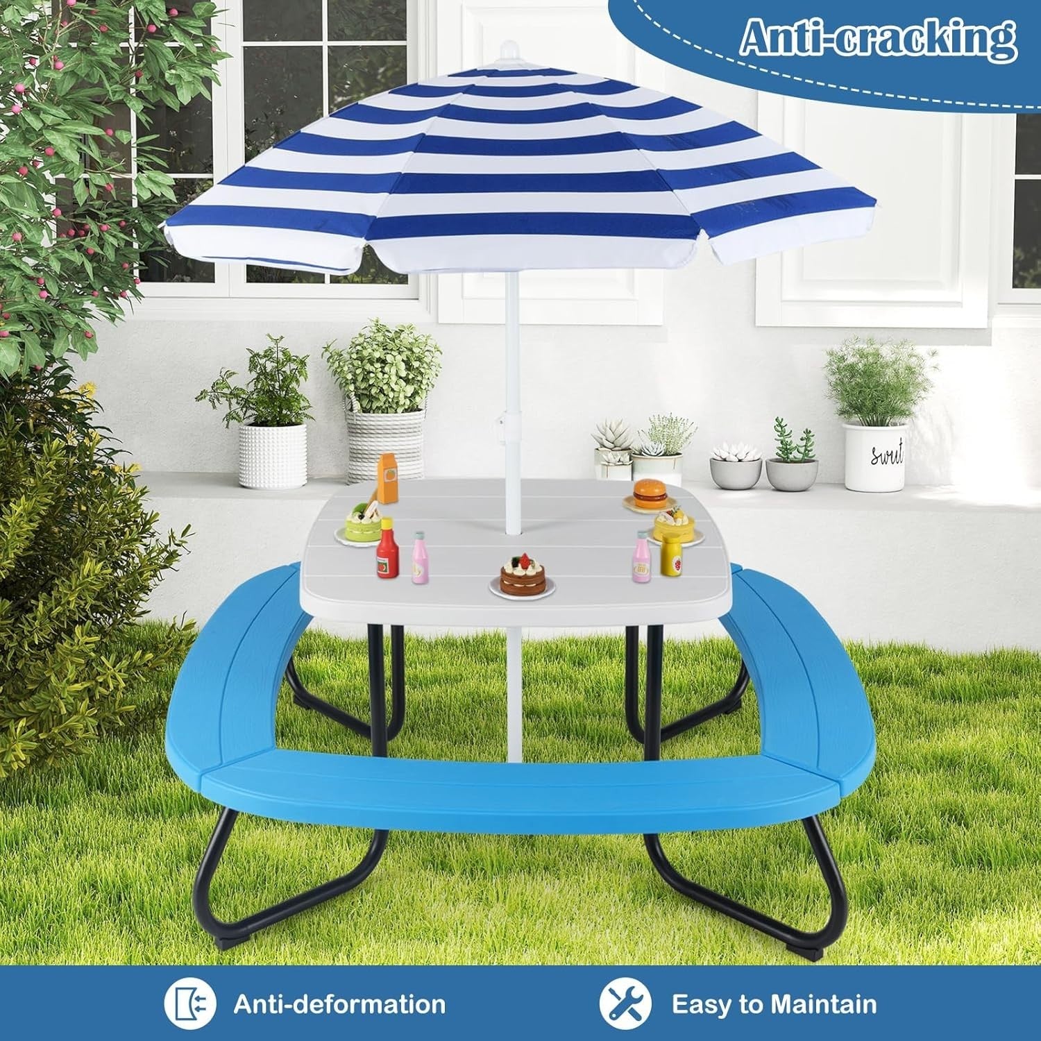 Kids Picnic Table & 8-Seat Bench Set with Adjustable Umbrella Outdoor Indoor