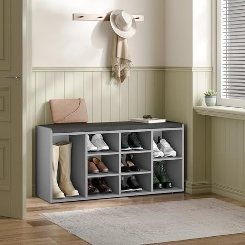 Grey Shoe Storage Bench with Cushion Seat 9 Cubes Adjustable Shelves Entryway