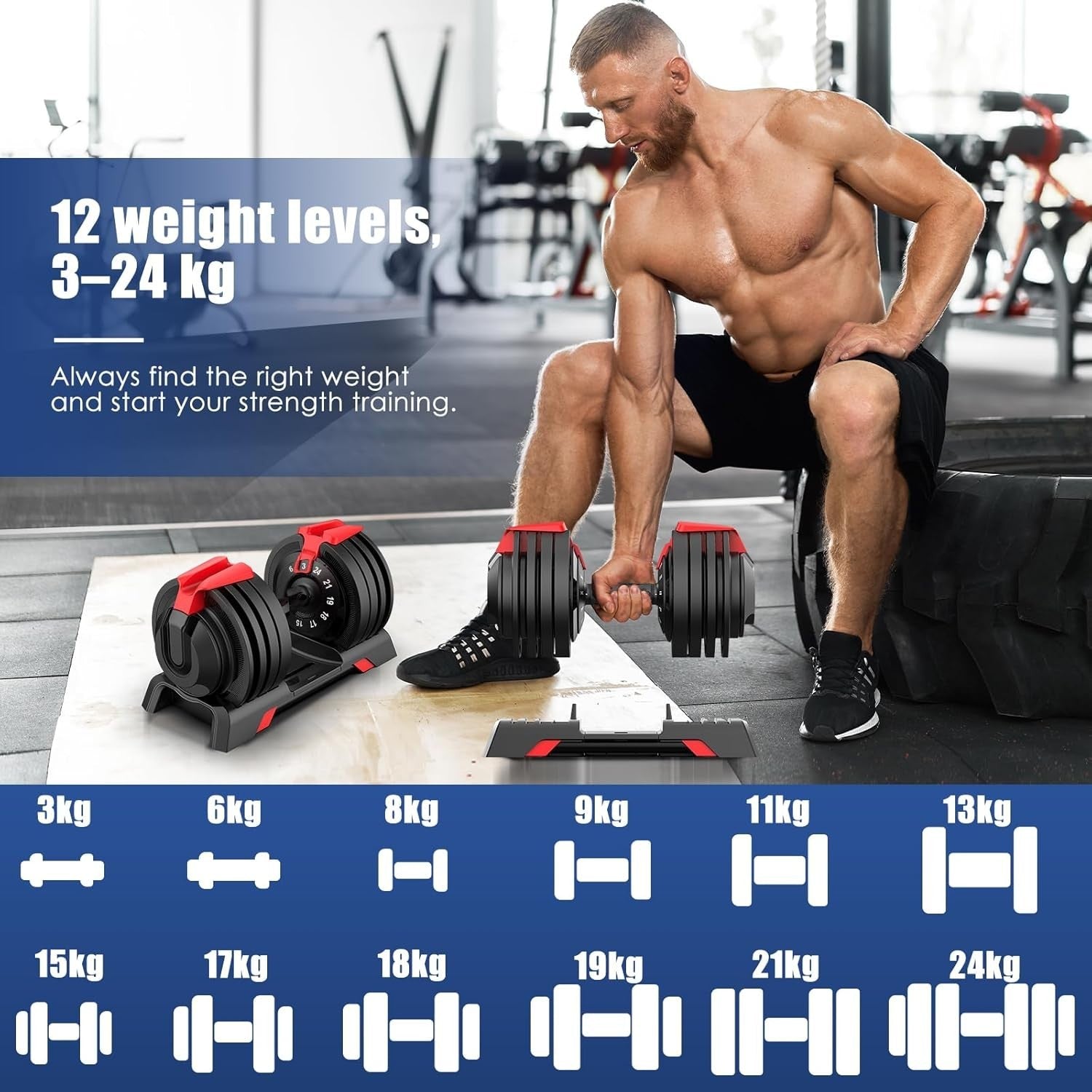 Quick Dial Adjustable Dumbbells Pair 3–24kg Space Saving Home Gym Set