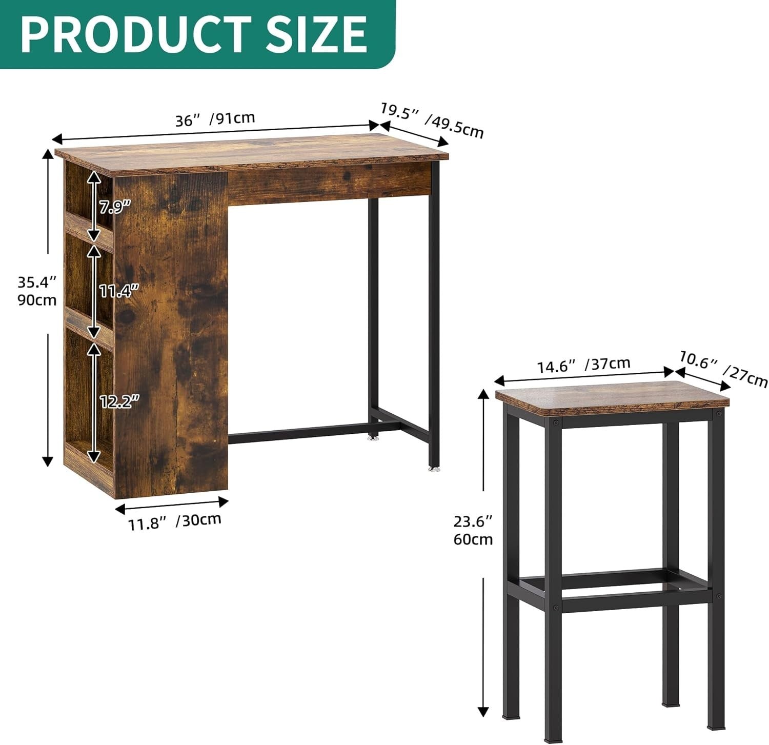 Rustic Brown Bar Table Set with Storage Shelves & 2 Stools Space Saving Home
