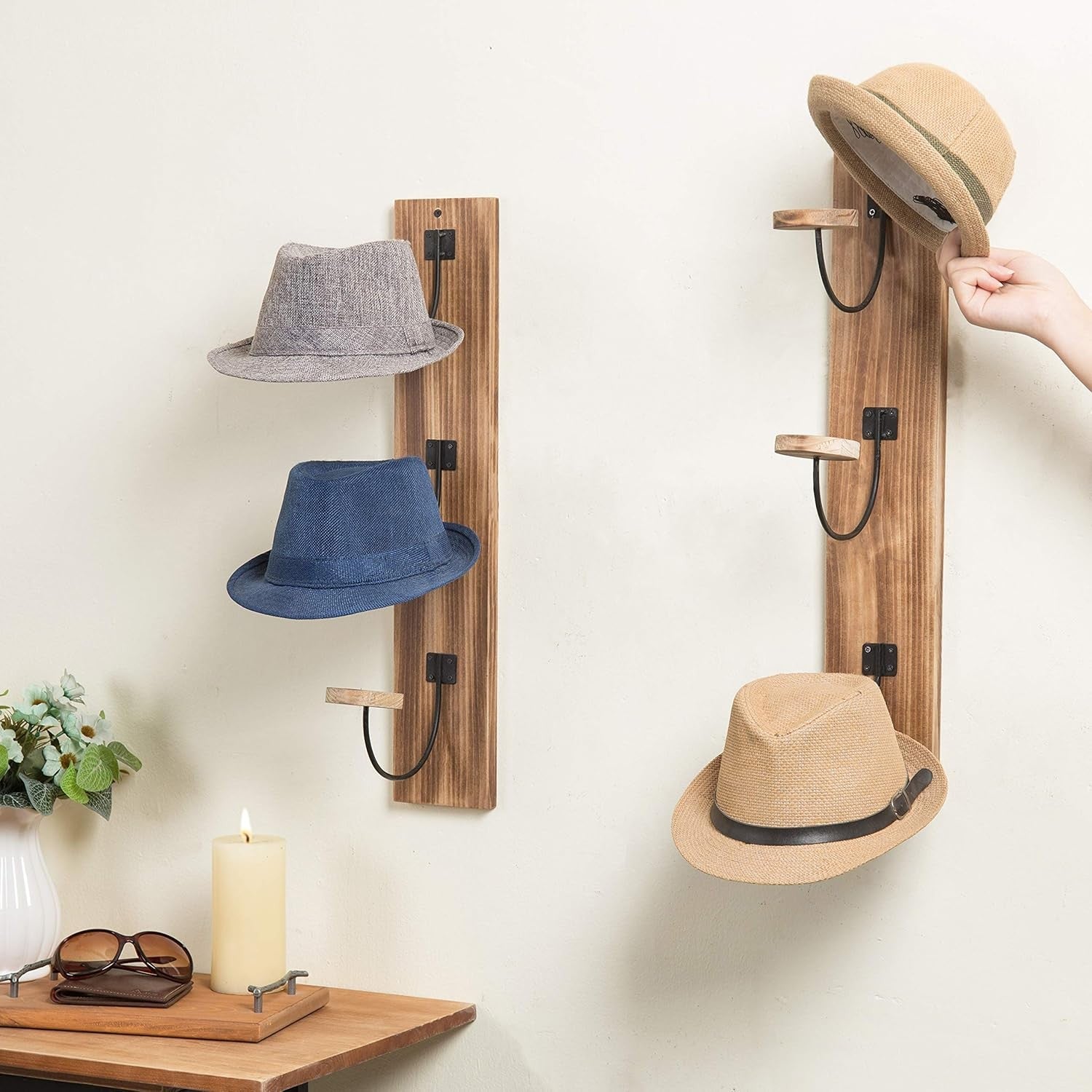 Set of 2 Wall Mounted Coat Hat Racks Light Wood Metal Hooks Rustic 61cm