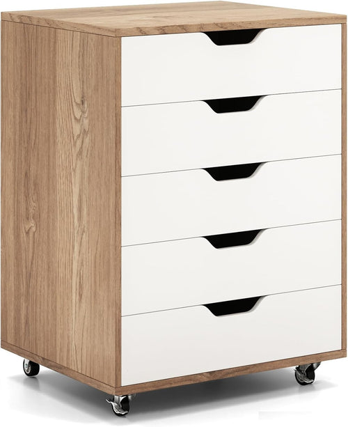 Natural Wood Mobile Filing Cabinet 5 Drawer Rolling Under Desk Storage