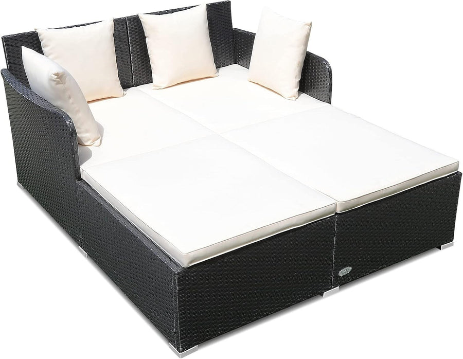 White 2-Seater Rattan Outdoor Daybed with Cushions, Patio Sofa & Sun Lounger