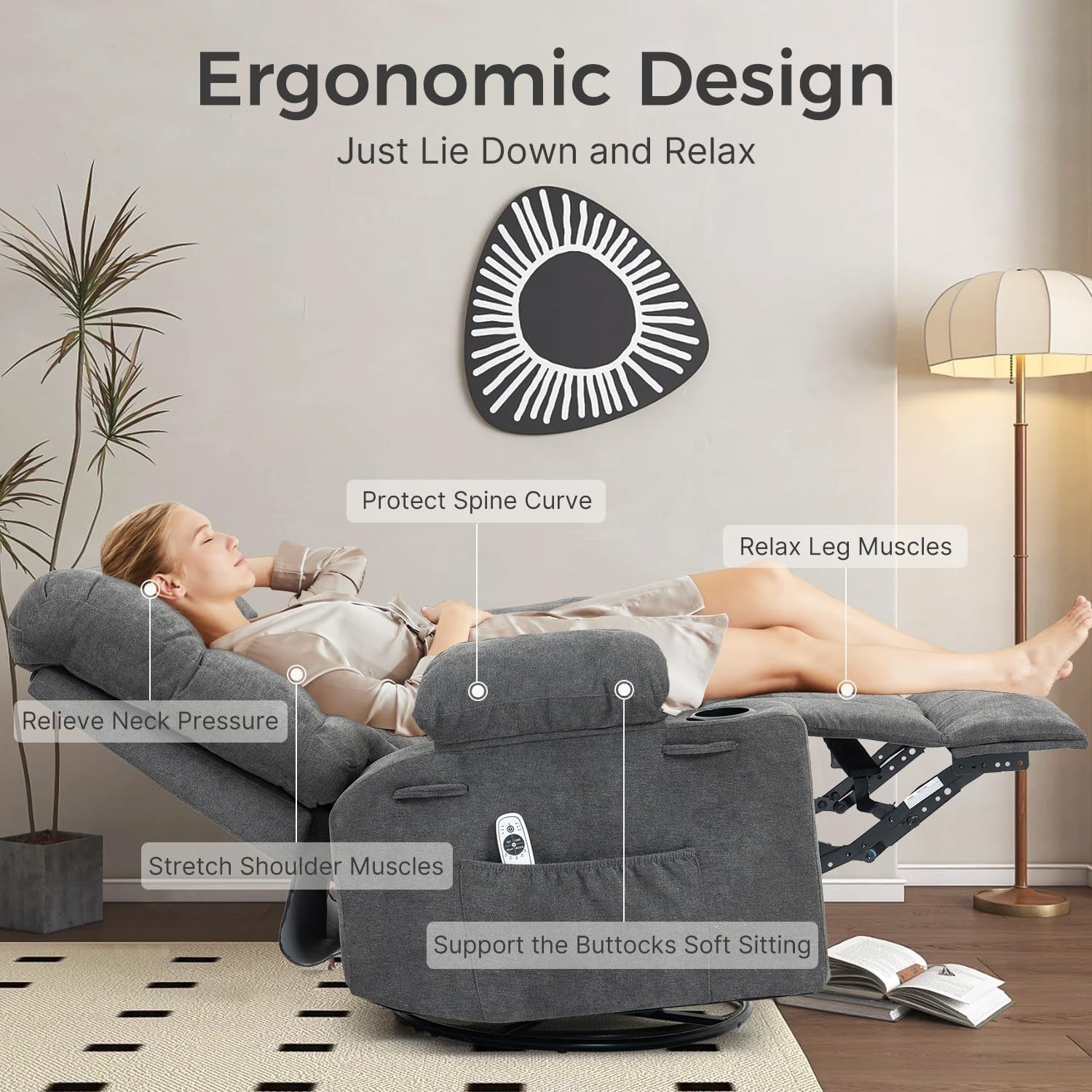 Recliner Chair Massage Heat 360° Swivel Rocking Manual Footrest Cup Holders Grey