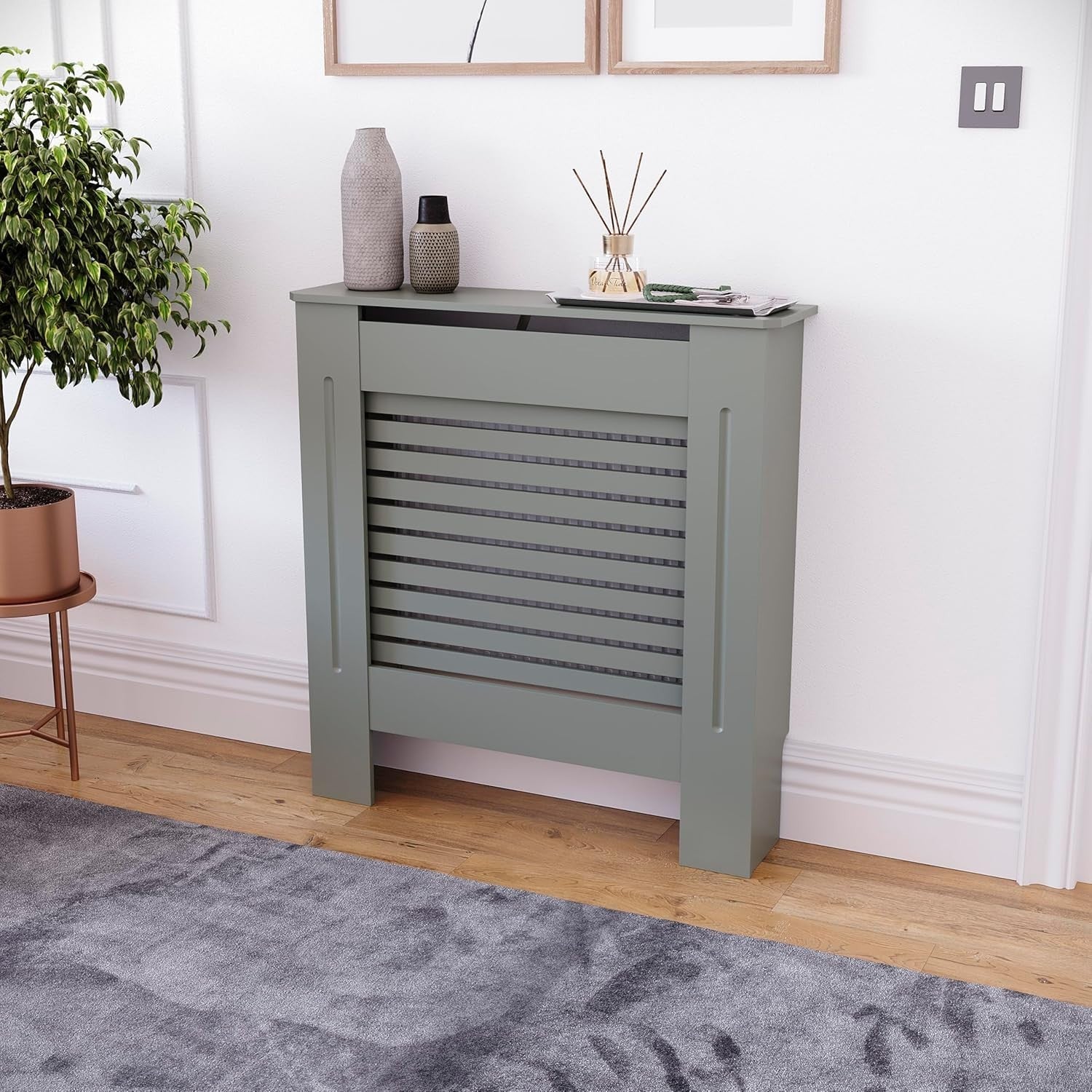 Small Olive Grey Radiator Cover MDF Cabinet Modern Design 82x78x19cm